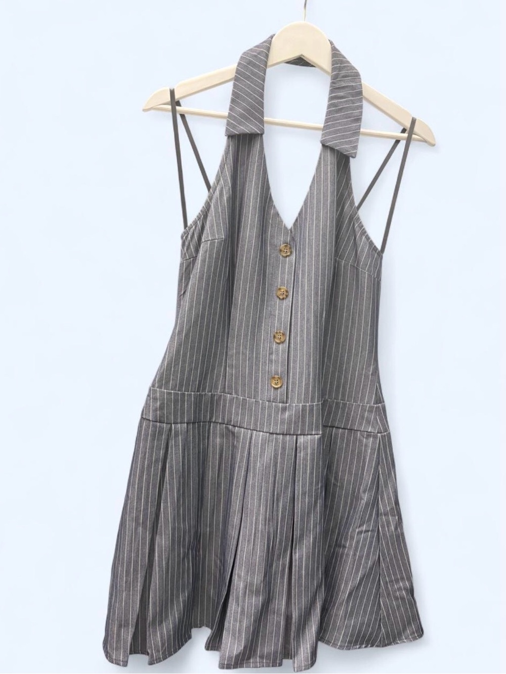 Grayish Blue Pinstripe Halter Dress with Button Front